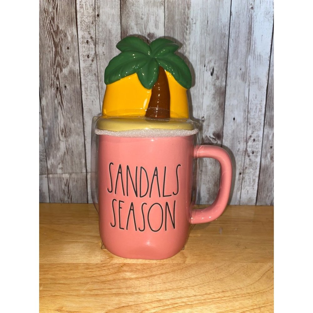 Rae Dunn Pink Sandals Season Coffee Tea Mug Cup Palm Tree Figural Lid Topper